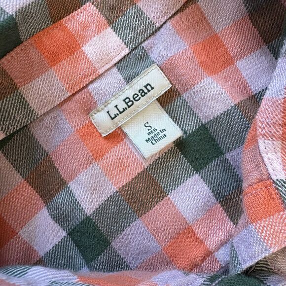 L.L. Bean Women's Size S Orange Green Twill Button Front Plaid Check Shirt - Picture 4 of 6